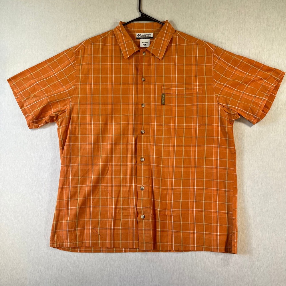 Columbia Shirt Mens L Orange Plaid Short Sleeve Button Down AM7872 Light Comfy